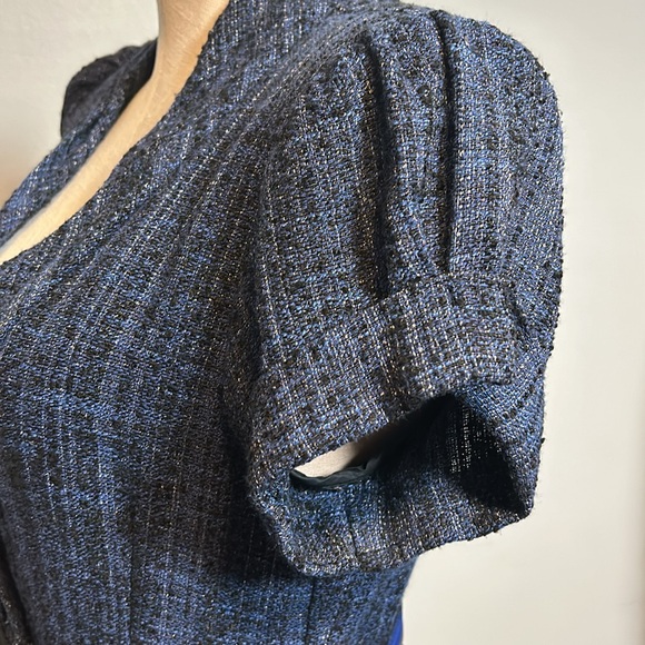 Nanette Lepore Blue Tweed Belted Asymmetrical Blazer size 4 - Picture 5 of 16